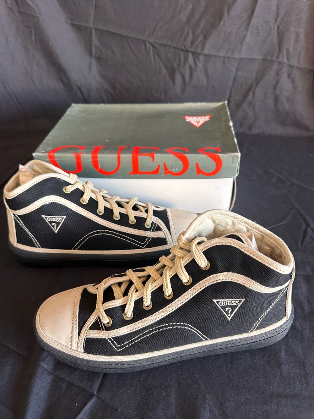 90s early 2000s Y2K deadstock GUESS Men’s Black and Cream High-Top Sneakers